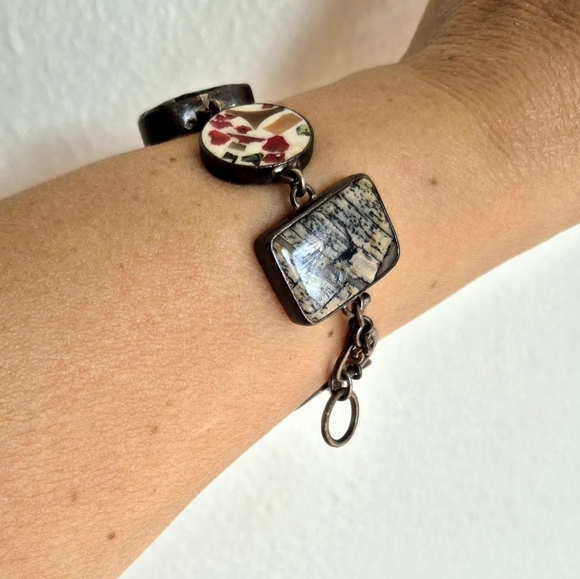 925 Silver&Multi-stoned vintage toggle bracelet made by Sandy Baker 8.268" - Picture 6 of 16